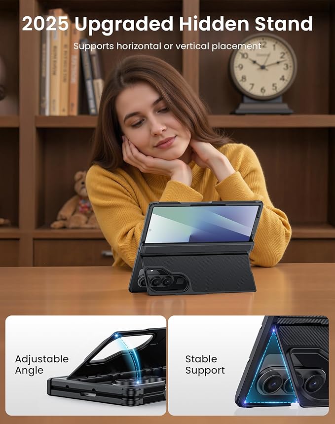 for Galaxy Z Fold 7 Case, Built-in Hidden Kickstand & HD Screen Protector & Hinge Protection, Slim Shockproof Military Grade Drop Protective Phone Case for Samsung Z Fold 7 (Black)