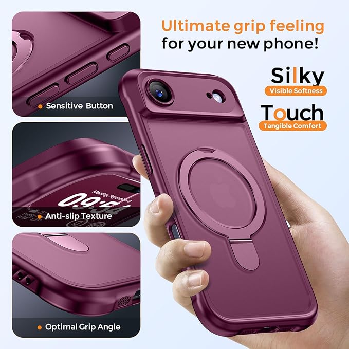 MOCCA Compatible with iPhone Air Case with Magnetic Invisible Stand [Full Camera Protection] [Compatible with Magsafe] Military Drop Shockproof Translucent Matte Phone Case Cover 6.5",Wine Red