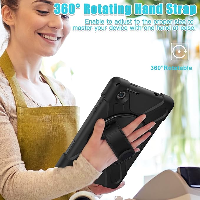 TSQQST Case for Lenovo Tab M8 4th Gen 2024/2023 Model TB301XU/TB-300FU for Kids | Full Body Protection Case with [360 Rotating Stand] & Hand Strap Function Cover for Lenovo M8 Tablet | Black