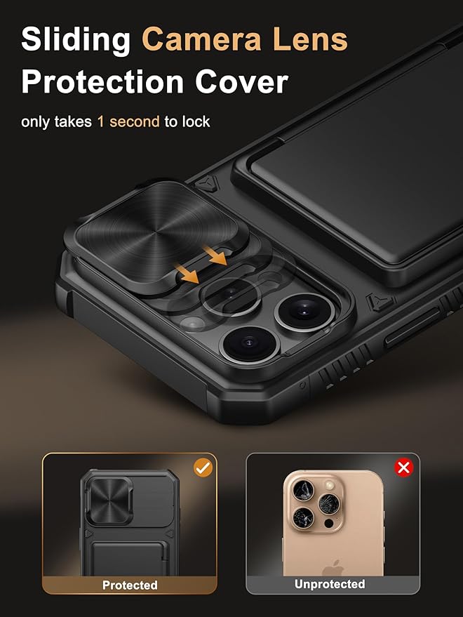 Vihibii for iPhone 16 Pro Max Case with Card Holder (4 Cards) [RFID Blocking] & Slide Camera Cover, Military Grade Drop Protection, Rugged Hard Back & Silicone Edge Wallet Phone Case 6.9" 2024, Black