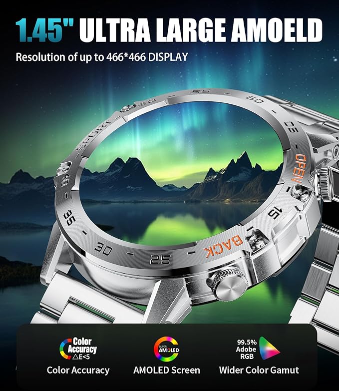 Military Smart Watch for Men(Answer/Dial Calls),1.43'' AMOLED/100 Sports Modes, 5ATM Waterproof Fitness Watch with Heart Rate/SpO2/pedometer for Android and iOS,Round Smartwatch Silver Steel