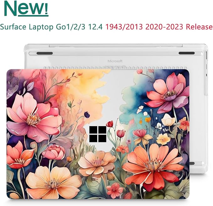 Tuiklol Case for 12.4 Inch Microsoft Surface Laptop Go 3/2 / 1 2023-2020 Releases, Plastic Hard Shell Case with Screen Protector and Keyborad Cover +Dust Plugs Model 2013/1943,Ilustration Flowers