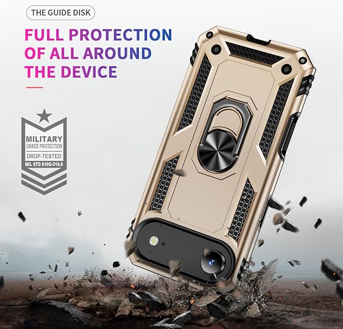 ADDIT Compatible with iPhone 17 Air Case with Tempered Glass Screen Protector, Adjustable Kickstand Ring, Military-Grade Heavy Duty Protection, Shockproof, Anti-Fingerprint,Gold