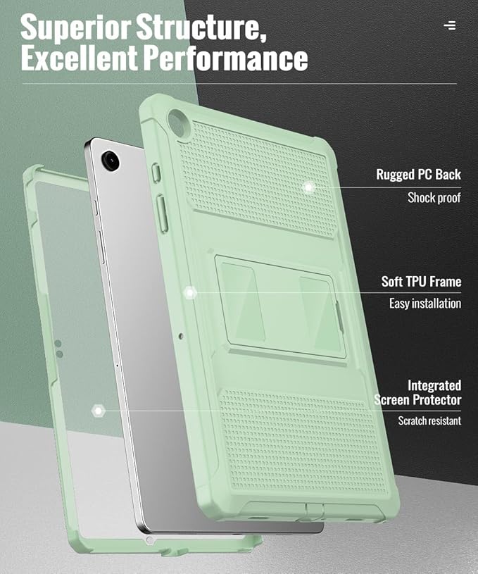 MoKo Case Fit Galaxy Tab A9 Plus 11-Inch 2023 (SM-X210/X216/X218), Shockproof Full Body Rugged Stand Back Cover Built-in Screen Protector Fit Galaxy Tab A9+ 11" 2023, Light Green