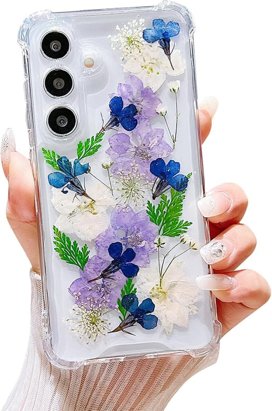 Compatible with Samsung Galaxy S24 Plus Case Cute Pressed Dried Real Flowers Design Women Girly Shockproof Soft TPU Floral Clear Phone Cover for Galaxy S24+ (Purple Flower)