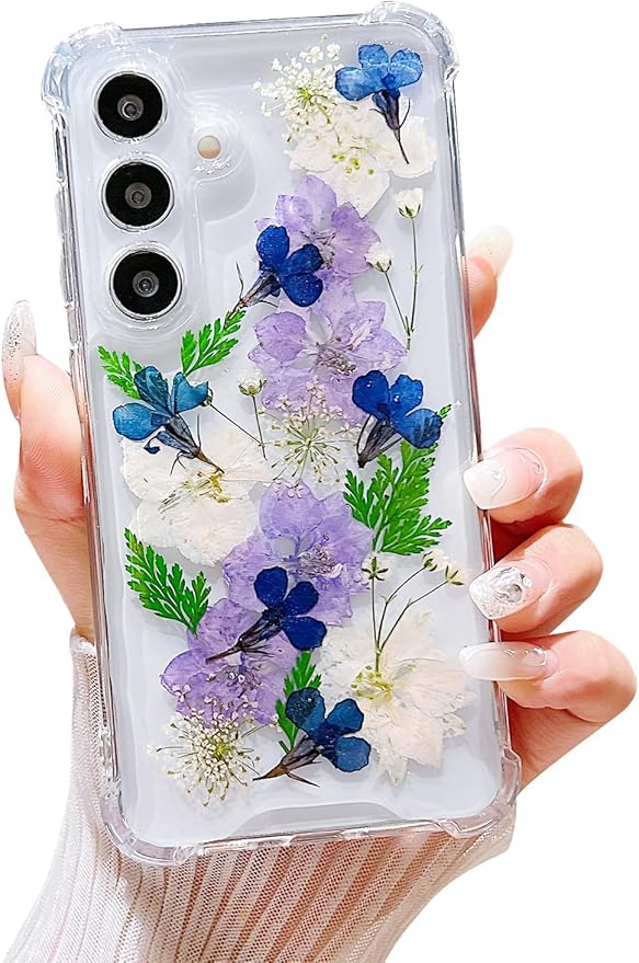 Compatible with Samsung Galaxy S24 Case Cute Pressed Dried Real Flowers Design Women Girly Shockproof Soft TPU Floral Clear Phone Cover for Galaxy S24 (Purple Flower)