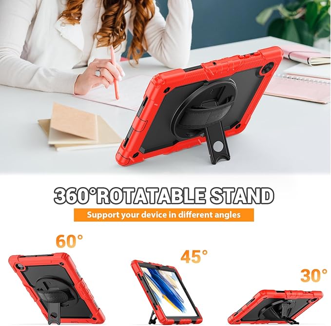 SEYMAC for Samsung Galaxy Tab A8 Case 10.5 Inch (SM-X200/ X205/ X207), Heavy Duty Full-Body Shockproof Protective Case with Screen Protector, Rotating Stand, Hand/Shoulder Strap and Pen Holder, Red