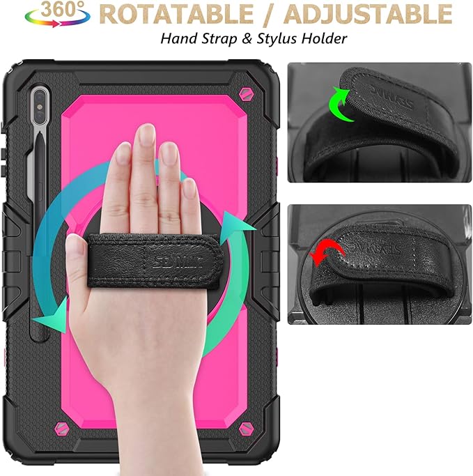 SEYMAC stock Case for Samsung Galaxy Tab S7 FE / S8 Plus 5G Case 12.4'' with Screen Protector Pencil Holder [360 Rotating Hand Strap] &Stand, Drop-Proof, Rose/Black