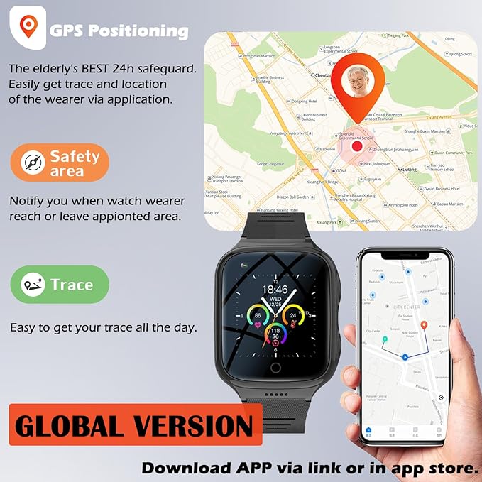 Elderly 4G GPS Smart Watch Waterproof Senior Real-Time Tracking Phone Video Call SOS Emergency Alarm Voice Message Geo-Fence Touch Screen Pedometer Anti-Lost Tracker Father Mother's Day Global Version