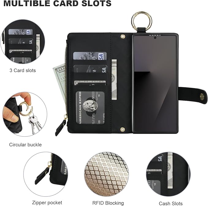 KIHUWEY for Galaxy Z Fold 7 Wallet Case with Card Holder Premium Leather Magnetic RFID Blocking Shockproof Zipper Wrist Strap Lanyard Cover for Samsung Galaxy Z Fold 7 8.0 Inch (Black)