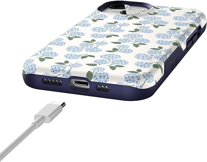 Casely iPhone 14 Case | Nantucket Cottage | Blue Hydrangea | Compatible with MagSafe | Bold Protective Design