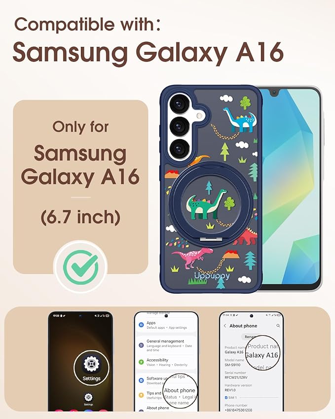 for Samsung Galaxy A16 4G/5G Case with 360° Rotatable Magnetic Ring - Semi-Transparent Anti-Fingerprint Soft-Touch Material Shockproof, Cute Dinosaur Design for Women Girl