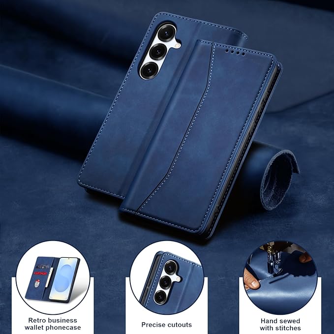 Jasonyu Flip Wallet Case for Samsung Galaxy S25,Leather Magnetic Folio Cover with Card Holder,Kickstand - TPU Shockproof Durable Protective Phone Case,Blue