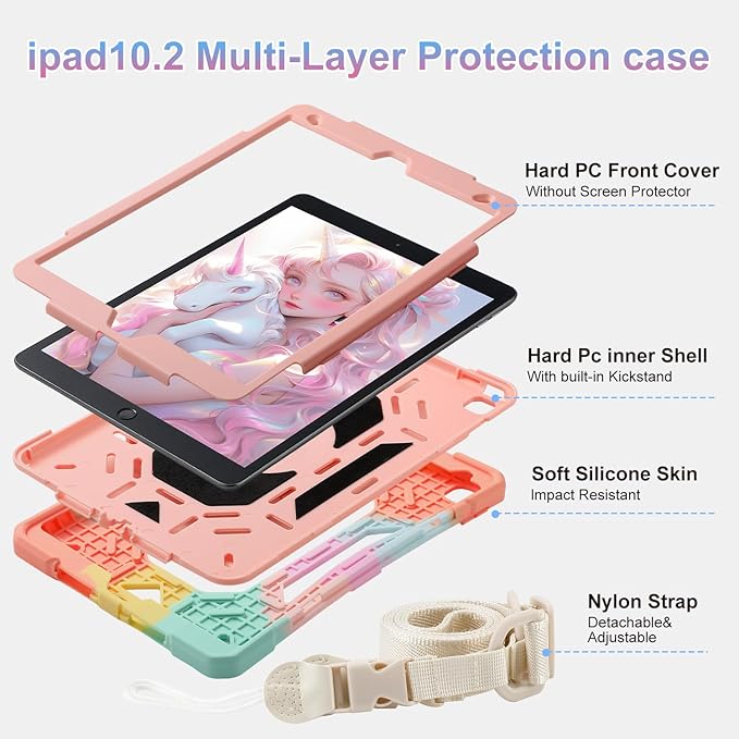 for iPad 9th/ 8th/ 7th Generation Case (iPad 10.2 inch Shockproof Case) with 360 Rotating Grip Magic Stand, Pencil Holder/Keychain/Carrying Shoulder Strap, for iPad 10.2 inch Girls (Colourful)