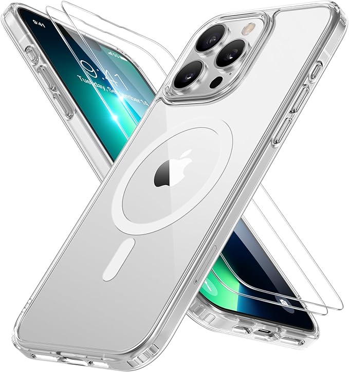 Miracase Magnetic for iPhone 13 Pro Case 6.1 inch (Compatible with MagSafe)（with 2X Screen Protectors） Military-Grade Protection, Anti-Fingerprint Translucent Matte Phone Case Cover, Clear