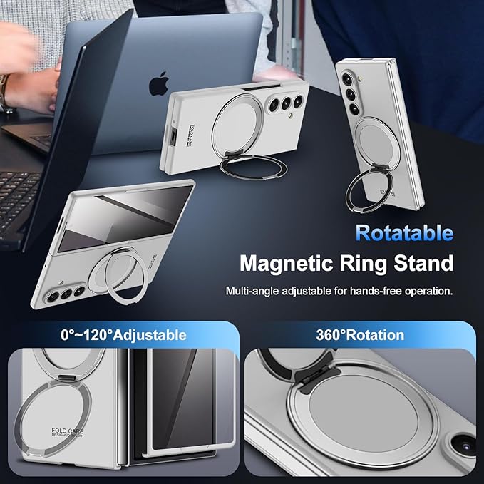 360 Spin Magnetic Stand for Samsung Galaxy Z Fold 7 Case, with Screen Protector [Compatible with MagSafe] Slim PC Hard Ring Holder Kickstand Protection Cover for Samsung Z Fold 7 Phone Case (Silver)
