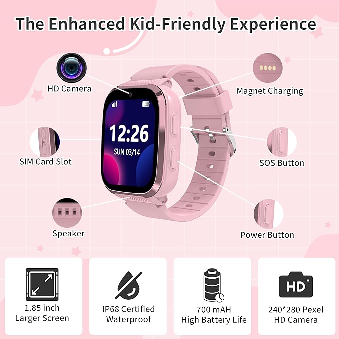 4G Kids Smart Watch Girls with GPS Tracker Video Calling Texting, Waterproof Smartwatches Age 5-13, One-Key SOS Call Voice Chat Cell Phone Watch with Alarm Clock Game HD Camera (Pink)