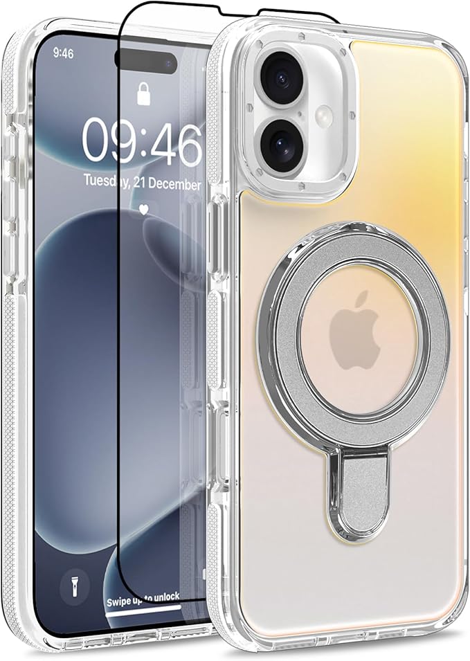 MOWIME Magnetic for iPhone 17 Case with Stand [Compatible with Magsafe] [Cute Fashion Fluorescent Design] [1 Screen Protector] Slim Translucent Matte Case for iPhone 17 6.3" 2025, White