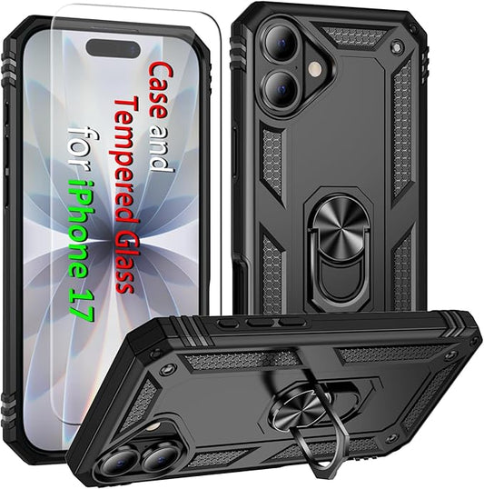 ADDIT Compatible with iPhone 17 Case with Tempered Glass Screen Protector, Adjustable Kickstand Ring, Military-Grade Heavy Duty Protection, Shockproof, Anti-Fingerprint, Black