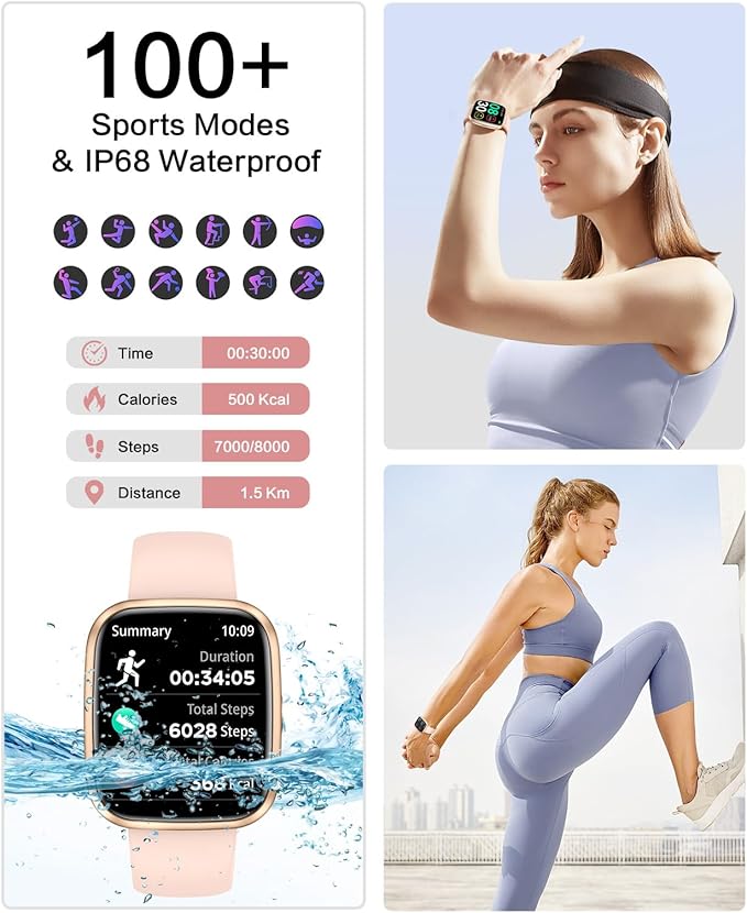 Smart Watches for Women, 1.75" Bluetooth Call, AI Voice Smartwatch, 24/7 Heart Rate Monitor, Blood Pressure/SpO2/Sleep Tracker, IP68 Waterproof, 100+ Sports Fitness Tracker for Android iOS Pink