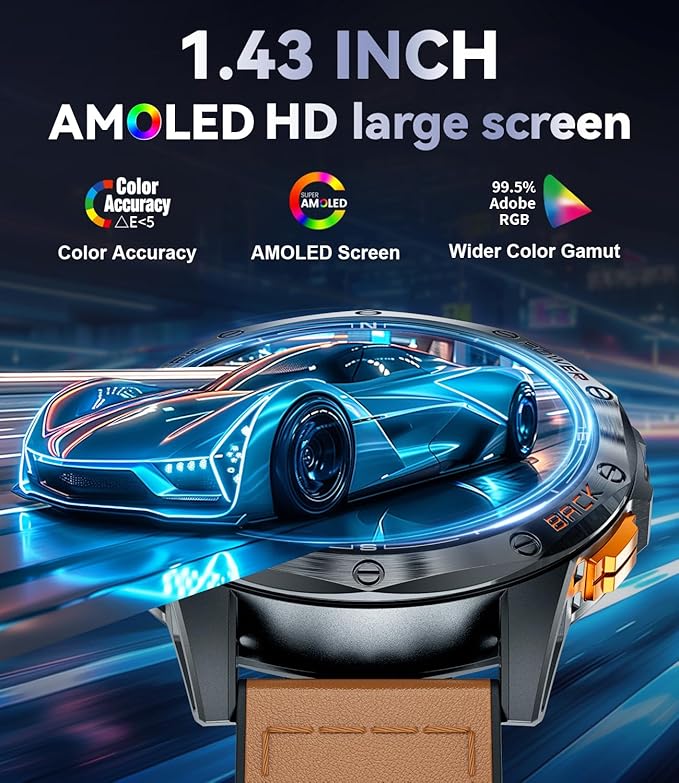 GPS Smart Watches for Men,1.43" AMOLED Fitness Tracker with LED Flashlight/Compass/530mAh Battery, Heart Rate/SpO2/Sleep Monitor 5ATM Outdoor Sports Smartwatch for Android iOS,100+Sport Modes