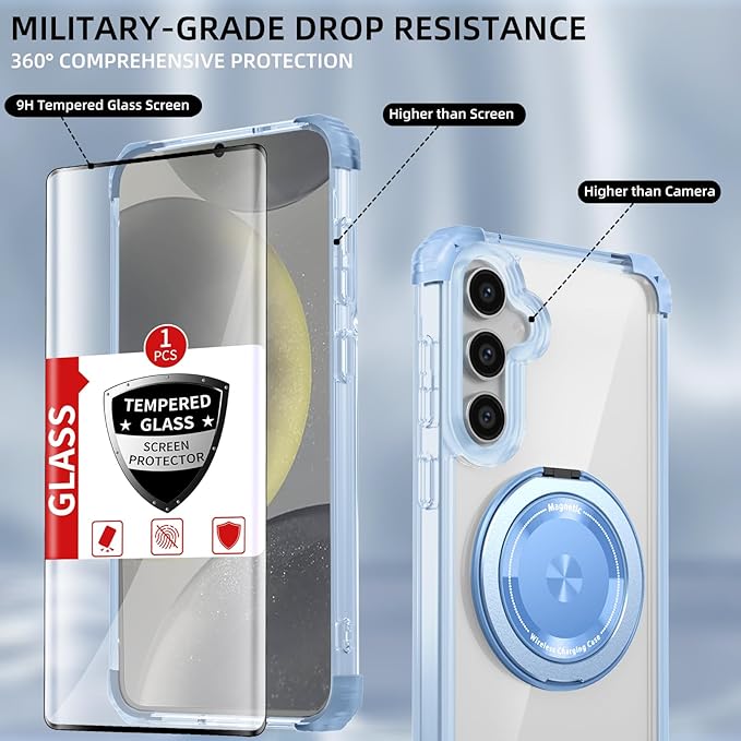 for Samsung Galaxy S24 Plus Case Compatible Wireless Charging Magnetic,with Screen Protector,for S24+Plus Phone Case with 360°Stand Ring Military Grade Shockproof Heavy Duty Protection Blue