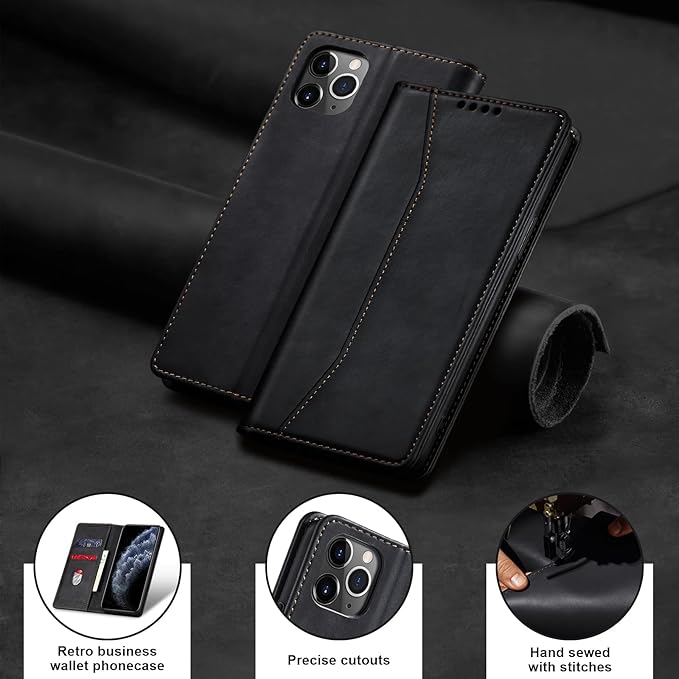 Jasonyu Flip Wallet Case for iPhone 11 Pro Max,Leather Magnetic Folio Cover with Card Holder,Kickstand - TPU Shockproof Durable Protective Phone Case,Black