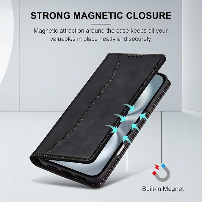 Jasonyu Flip Wallet Case for iPhone 16,Leather Magnetic Folio Cover with Card Holder,Kickstand - TPU Shockproof Durable Protective Phone Case,Black