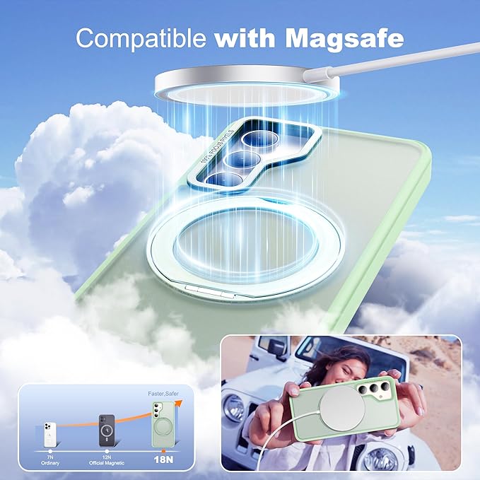 Compatible with Samsung Galaxy S24 Plus Case with 360Rotatable Magnetic Ring Stand Compatible with Mag-Safe Military Protection Matte Translucent Phone Case for Galaxy S24+,Green