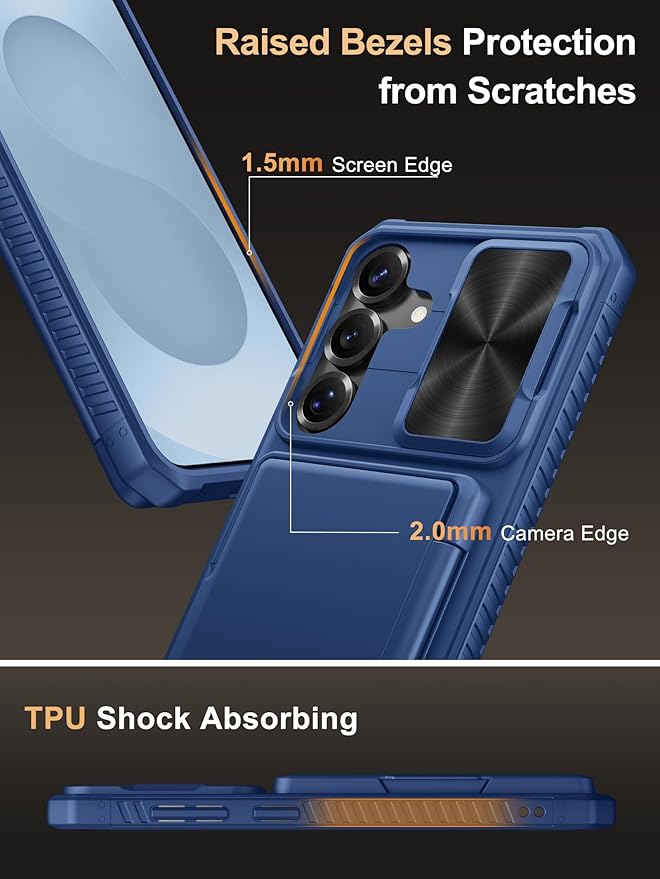 Vihibii for Samsung Galaxy S25+ Plus Case with Card Holder (4 Cards), [RFID Blocking] & Slide Camera Cover & Raised Edges Protect Screen, Shockproof Rugged Phone Case for Galaxy S25+ Plus 6.7", Blue