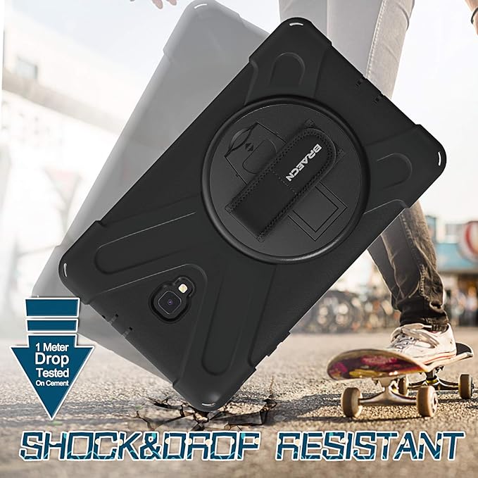 BRAECNstock for Samsung Galaxy Tab A 8.0 2017 Case, Shockproof Protective Tab A 8.0" SM-T380/T385 Case with Rotating Hand Strap & Stand, Shoulder Strap, Pencil Holder, Black