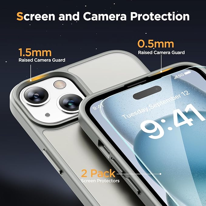 Miracase Magnetic for iPhone 15 Case (Compatible with MagSafe)（with 2X Screen Protectors） Military-Grade Protection, Anti-Fingerprint Translucent Matte Phone Cover for iPhone 15 6.1 inch, Gray