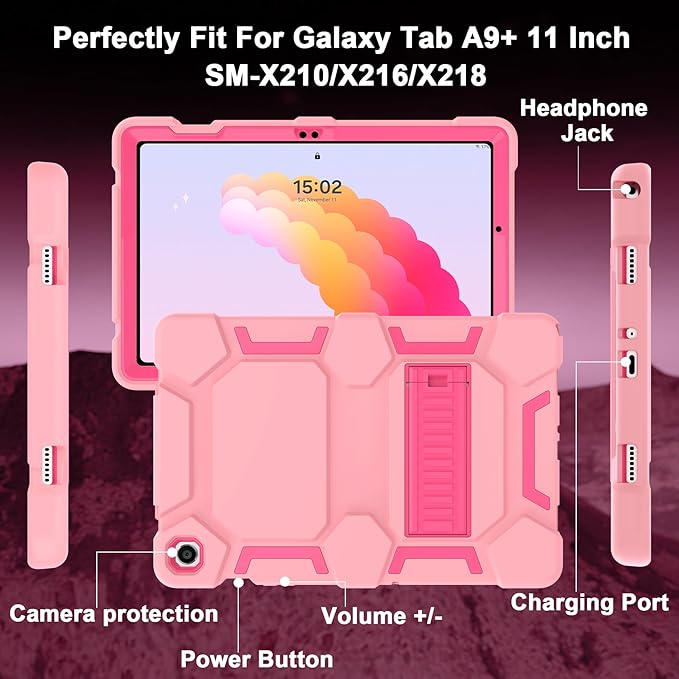 CCMAO Case for Samsung Galaxy Tab A9+ Case 11 Inch 2023 Model (SM-X210/X216/X218), Heavy Duty Shockproof Hybrid Three Layer Protective Cover for Kids Boys Girls, Rose Gold+Rose