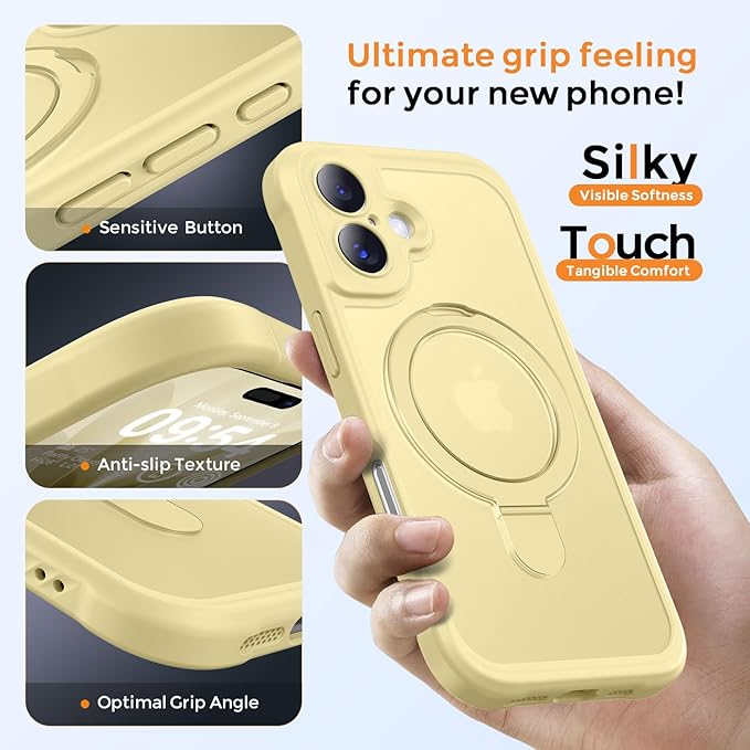 MOCCA Compatible with iPhone 17 Case with Magnetic Invisible Stand [Full Camera Protection] [Compatible with Magsafe] Military Drop Shockproof Translucent Matte Phone Case Cover 6.3",Creamy Yellow