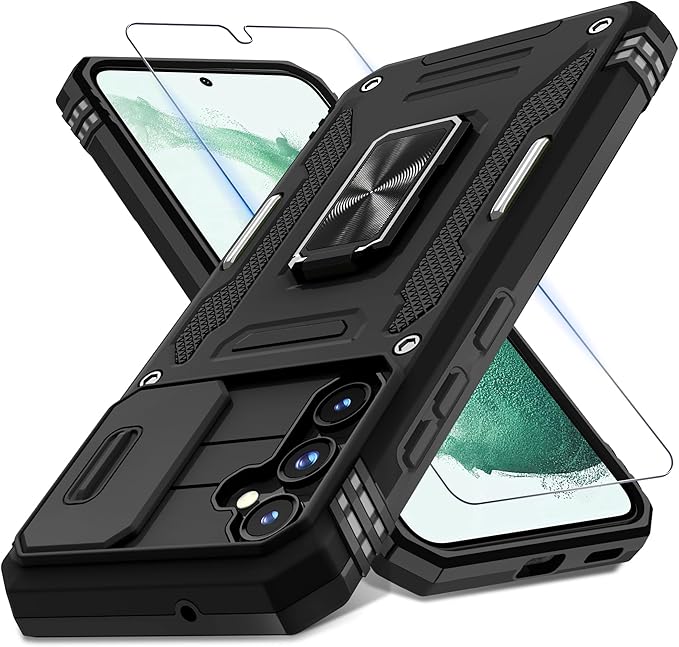 DEERLAMN Case for Samsung Galaxy S23 FE 6.4-Inch with Slide Camera Cover+Screen Protector(1 Pack),Rotated Ring Kickstand Military Grade Shockproof Protective Cover-Black