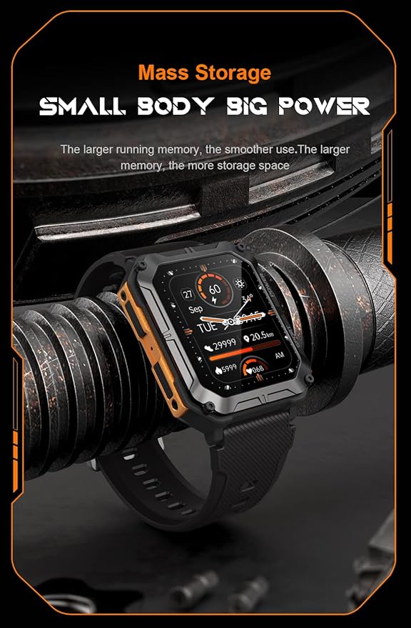 Gravity C20 Pro 1.83" Rugged Smartwatch, IP68 Waterproof, Bluetooth Call, AI Voice, 100+ Sports Modes, Heart Rate & Sleep Monitoring, Shockproof, Fitness Tracker for iOS & Android (Orange)