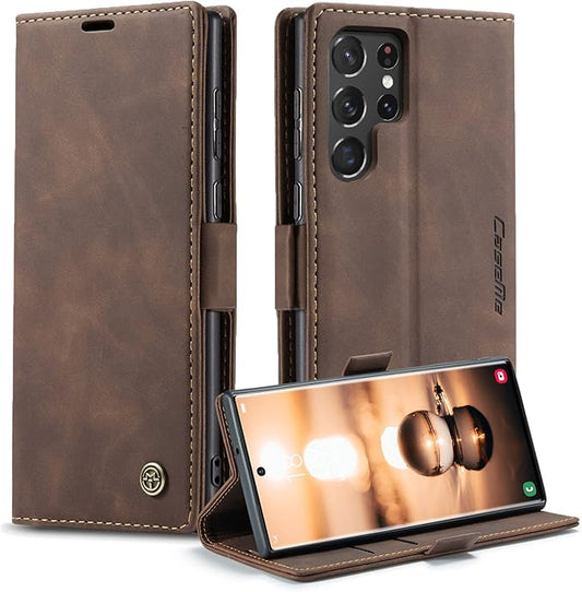 for Samsung Galaxy S22 Ultra Case, Flip Wallet Leather Case with Card Holder Magnetic Closure Shockproof Kickstand Protective Phone Cases Cover for Samsung S22 Ultra,Coffee