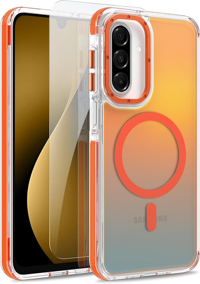 MOWIME Magnetic Case for Samsung Galaxy A17 5G [Compatible with Magsafe] [Cute Fashion Fluorescent Design] [1 Screen Protector] Slim Translucent Matte Case for Galaxy A17 5G 6.7", Orange