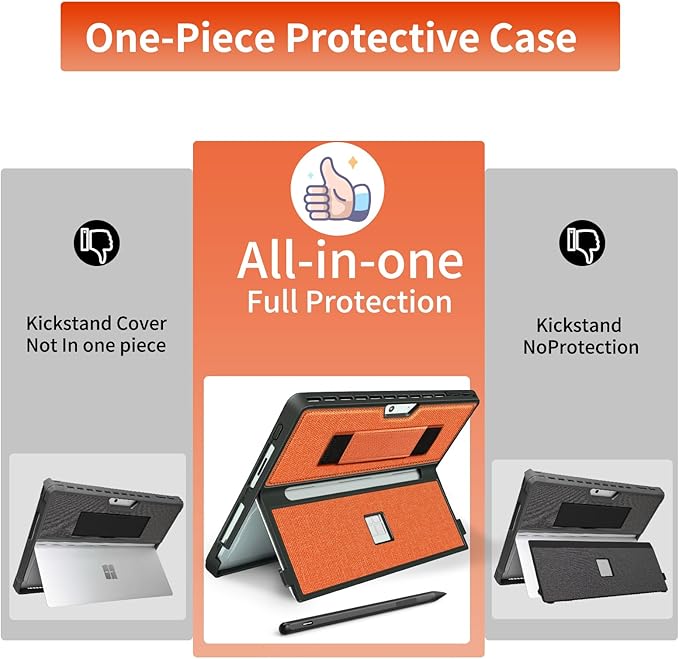 Case fit Microsoft Surface Pro 11/10/9/8 13-Inch, with Stent Cover, Hand Strap, All-in-one Rugged Case Compatible with Type Cover Keyboards, Orange