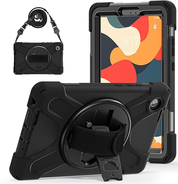 ZenRich Rugged Case for Lenovo Tab One 8.7" (2025) & Tab K9 TAB-305FU, Heavy Duty Shockproof Protective Case with 360° Rotating Kickstand, Hand Strap, Shoulder Belt