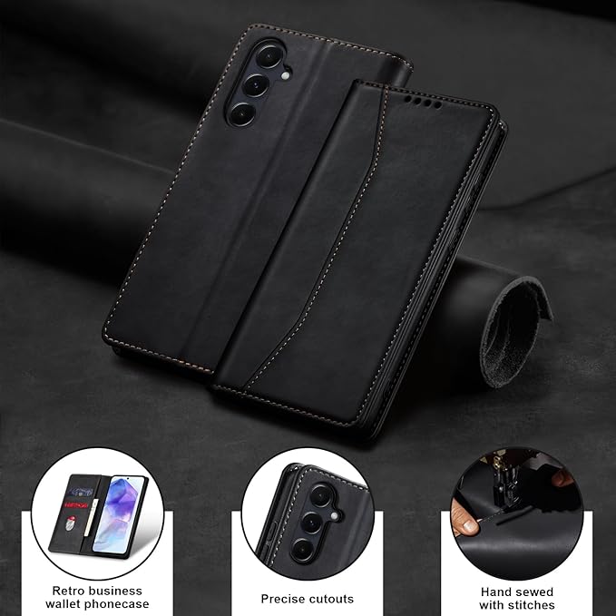 Jasonyu Flip Wallet Case for Samsung Galaxy A55,Leather Magnetic Folio Cover with Card Holder,Kickstand - TPU Shockproof Durable Protective Phone Case,Black