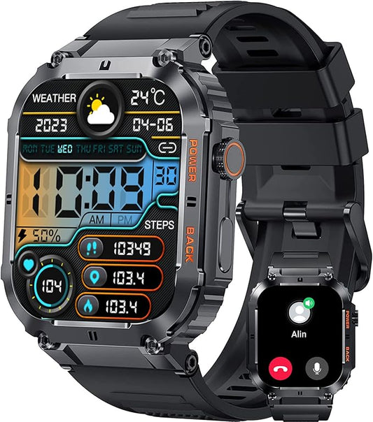 Smart Watch,100M Waterproof Rugged Military Smartwatch with Bluetooth Call(Answer/Dial Calls) 2-inch Utral Large HD Display 70 Days Extra Long Battery Life,100+ Sports Modes Fitness Tracker