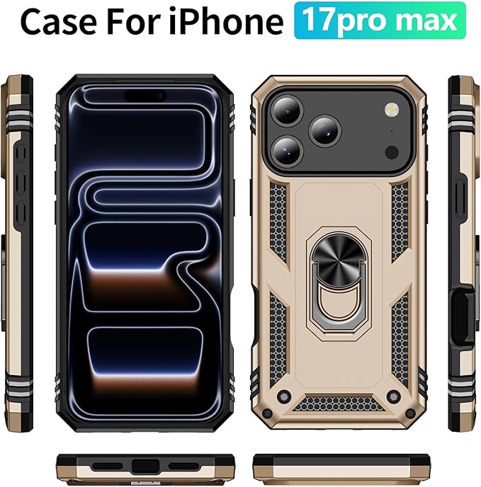 ADDIT Compatible with iPhone 17 Pro Max Case with Tempered Glass Screen Protector, Adjustable Kickstand Ring, Military-Grade Heavy Duty Protection, Shockproof, Anti-Fingerprint,Gold