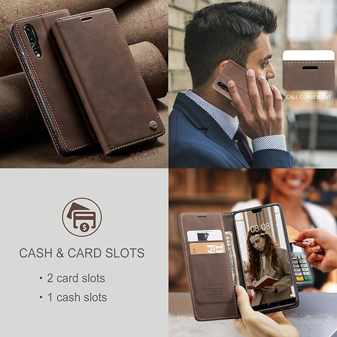 for Huawei P20 Pro Case, Flip Wallet Leather Case with Card Holder Magnetic Closure Shockproof Kickstand Protective Phone Cases Cover for Huawei P20 Pro,Coffee