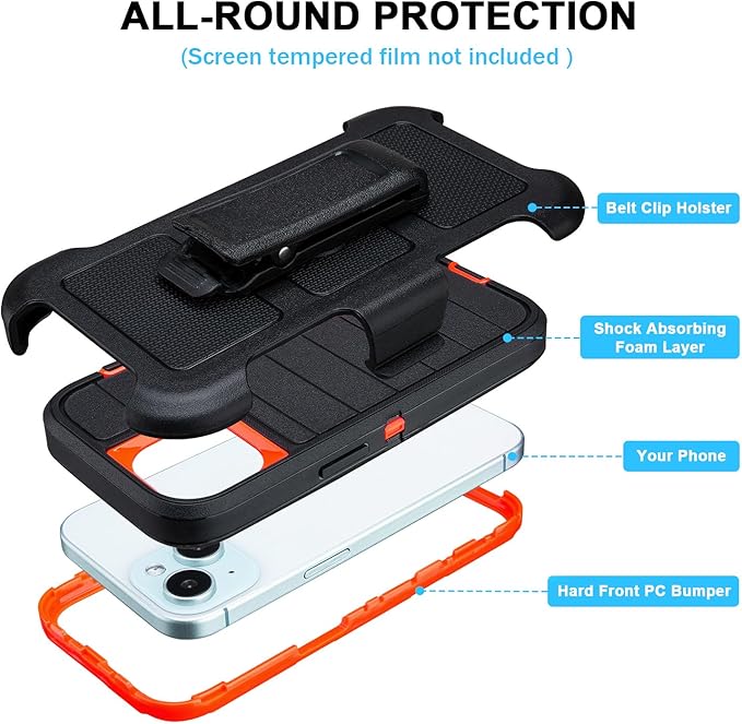 for Heavy Duty iPhone 15 Case with Belt Clip & Holster, Rugged Military Grade Shockproof Protective Cover for iPhone 15 Case with Stand 6.1 Inch (Black+Orange)