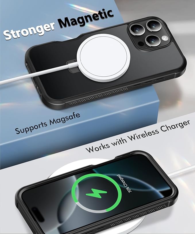 Compatible with iPhone 16 Pro Max Case, Built-in Screen Protector & Seamless Stand, with Camera Lens Protector, Strong Magnetic Matte Phone Case, Full Body Protective Cover for 6.9 Inch (Black)