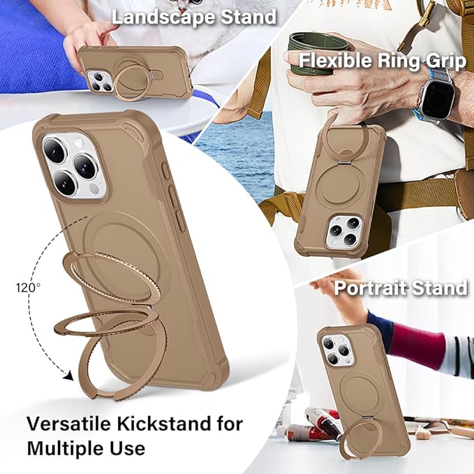 Designed for iPhone 16 Pro Max Case with Magnetic Stand [Military Drop Protection][Compatible with Magnet] Shockproof 16 Pro Max Phone Case with Ring Holder, Khaki