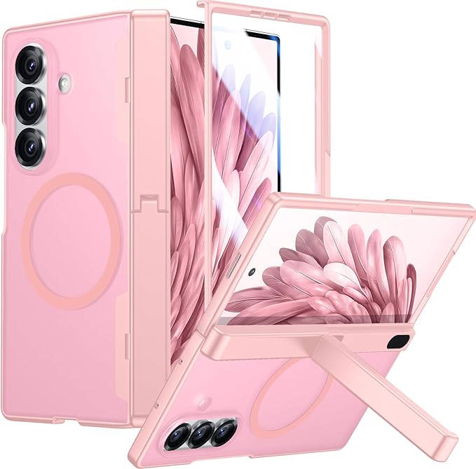 Temdan Magnetic for Samsung Galaxy Z Fold 7 Case,[Compatible with MagSafe][Built-in HD Screen Protector&Invisible Kickstand][Hinge Protection]Translucent Matte Shockproof Phone Case for Z Fold 7,Pink