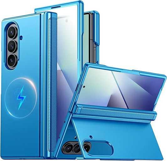 CENMASO Magnetic for Samsung Galaxy Z Fold 7 Case with Stand, Fit for Magsafe, Hinge Protection, Screen Protector, Built-in Hidden Kickstand, Slim Shockproof Phone Case for Galaxy Z Fold 7-Lake Blue