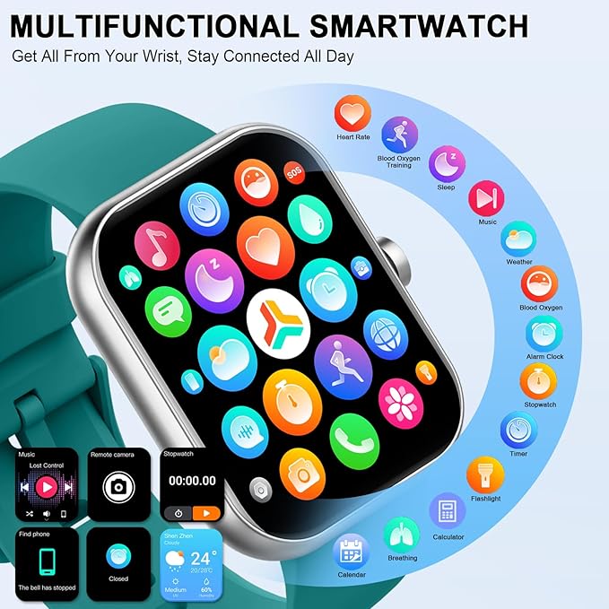 Smart Watch (Answer/Make Calls), 1.96"HD Smartwatch for Men Women 113+ Sport, 2025 Fitness Activity Tracker with Heart Rate Monitor, Sleep Trackers, Pedometer, IP68 Waterproof for Android iOS Green